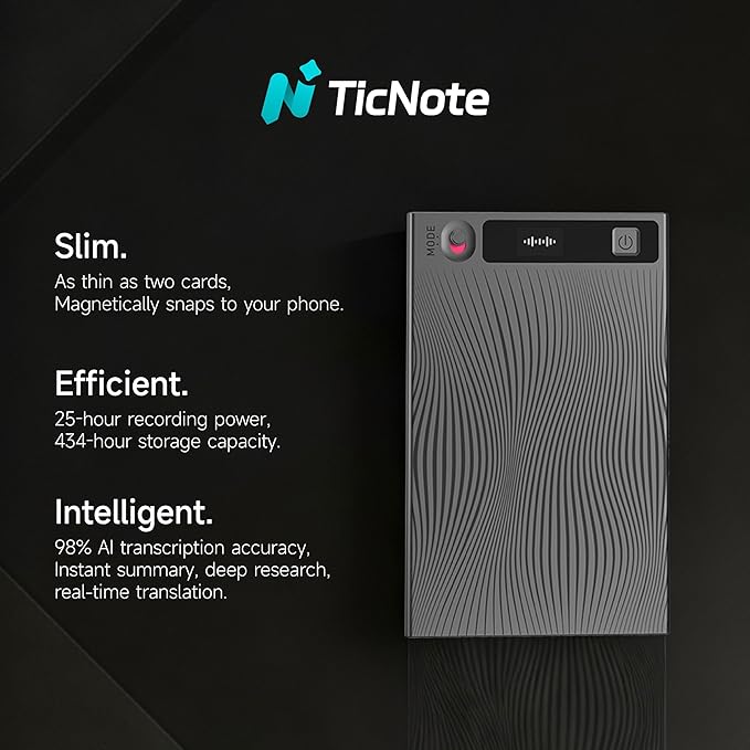 Mobvoi TicNote AI Voice Recorder, AI Transcription & Summary, APP Control, 120+ Languages, Dual-Mode Recording, 64GB Memory, Digital Voice Recorder for Meeting Lecture Call, 2026 New Version