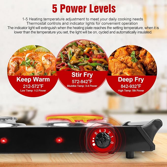 2000W Hot Plate Electric Stove, Portable Cooking Stove w/Cooling Handle, 5 Levels of Adjustable Temperature, Countertop Burners Dual Coil Burner for Home RV Camping, Fits All Cookware