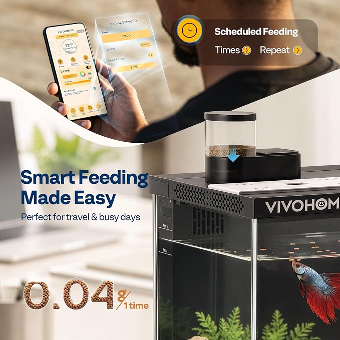 5 Gallon Smart Fish Tank with APP Control, Aquarium Starter Kit with Auto Feeder, Temperature Display, RGB LED Light, Self Cleaning Betta Fish Tank for Desktop