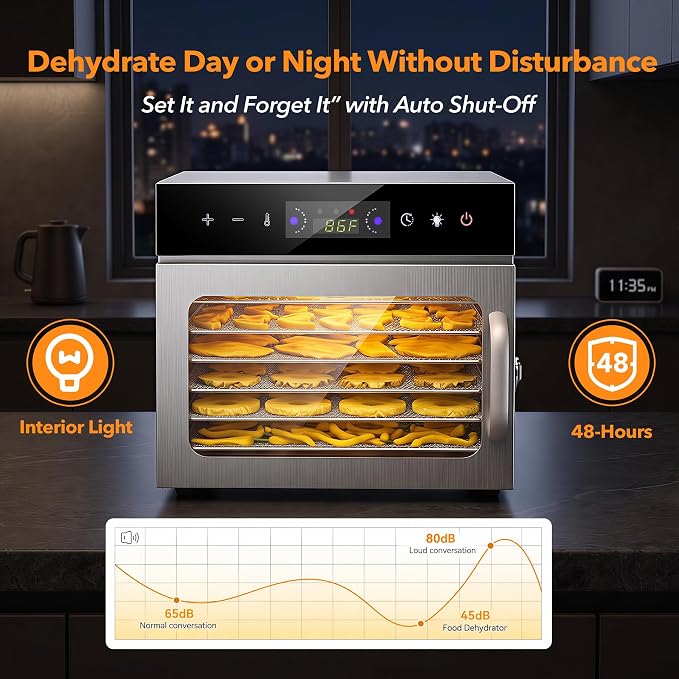 Electric Food Dehydrator with 8 Stainless Steel Trays, Household Fruit Dehydrator,Adjustable Temperature up to 167°F, 48-Hour Timer for Jerky, Fruit