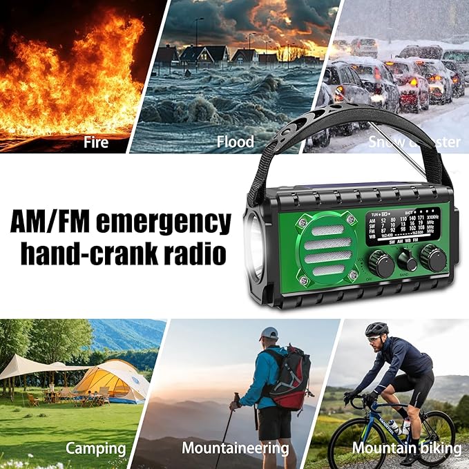 20000mah Hand Crank Emergency Radio,SW/NOAA/AM/FM Weather Radio, Solar Powered Hand Crank Chager with Bige Batery Powered,Portable,Cellphone Charge,SOS,Flashlight for Emergency (XSY-350-Army Green)