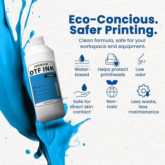 DTF Ink Cyan 33.8 fl oz (1000ml) | High Opacity Clog-Free Formula | Compatible with ET8550 L1800 XP600 I3200 4720 XP15000 & All Printheads | Reliable Color Accuracy & Smooth Flow