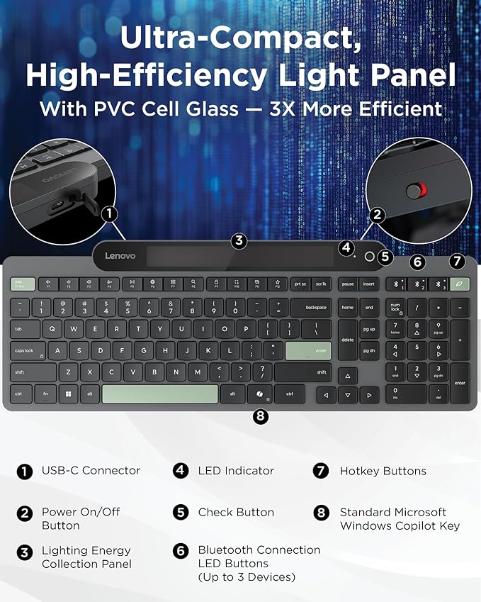 Lenovo 800 Self-Charging Bluetooth Keyboard, Uses Ambient Light for Charging, Bluetooth 5.1, Supports 3 Devices, Battery Free, Wireless, Grey