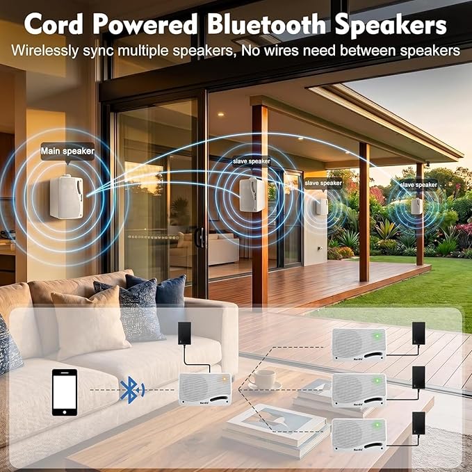 Herdio 3.5" 200W Outdoor Bluetooth Speakers, IP44 Waterproof Rating and Be Able to Wireless Multi-Connection Up to 20 Units for Patio/Porch/Balcony (White, 2-Pack)