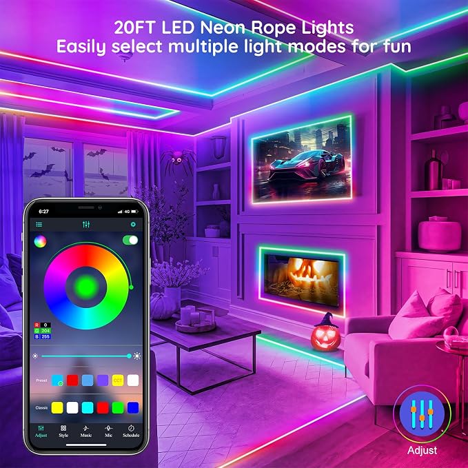 FBZ 32.8Ft Led Rope Lights, Flexible Neon Lights Control with App/Remote, Multiple Modes, IP65 Outdoor RGB Waterproof, Music Sync Gaming Light Strip for Bedroom Decor