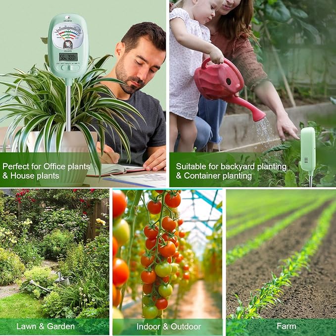 HSLGOVE Soil Test Kit, 7-in-One Soil Moisture Meter/Soil PH Meter/Fertility, Dual Screen Soil Tester w/Digital Soil Temp/Air Temp&Humidity for Plants Gardening,Lawn,Farm Indoor&Outdoor-AppleGreen
