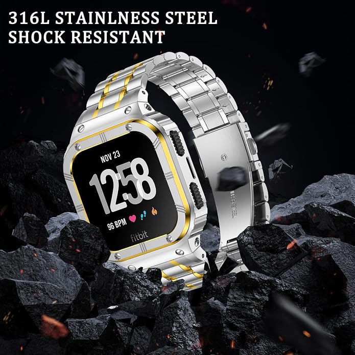 BAITEYOU Stainless Steel Watch Band with Case Compatible for Fitbit Versa/Fitbit Sense Bands, Rugged Protective Bumper Metal Wristbands for Men Women