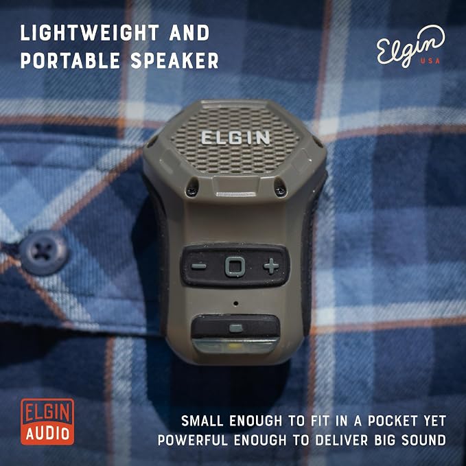 Elgin Thumper Mini Wearable Bluetooth Speaker, 35-Hour Battery Life, 50 ft Wireless Range, Water-Resistant, Magnetic Mount & Clip-On Design with LED Work Light for Jobsite, Outdoor & Everyday Use