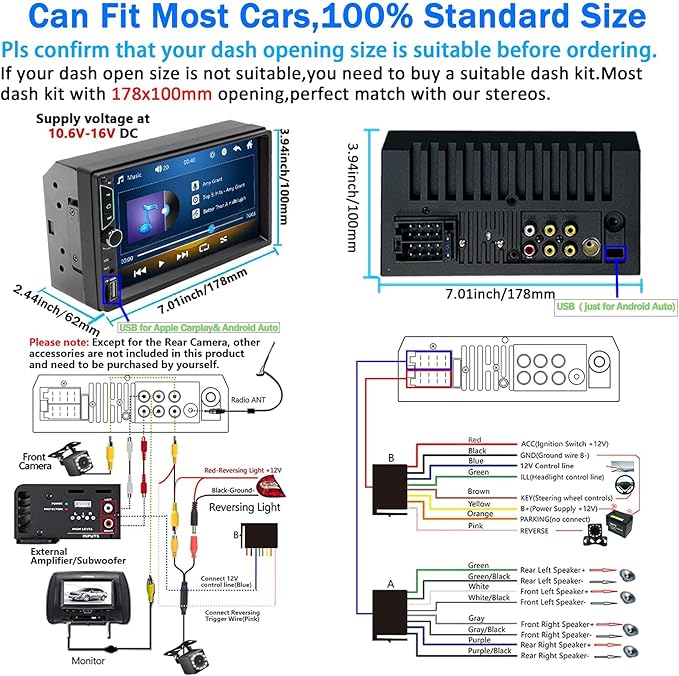 Double Din Car Stereo with Wireless Apple Carplay,Wireless Android Auto,7 inch HD Touch Screen Car Radio with Bluetooth, Car Audio Receiver with Backup Camera,Mirror Link,FM/USB/AUX/TF/Subwoofer