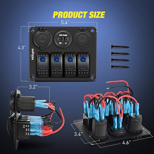 Nilight - 90117G 4 Gang Rocker Switch Panel Waterproof Pre-Wired Aluminum Switch Panel with Dual USB Cigarette Lighter Socket Voltmeter12V-24V DC ON Off Switch Panel for Cars Rvs Trucks, Blue