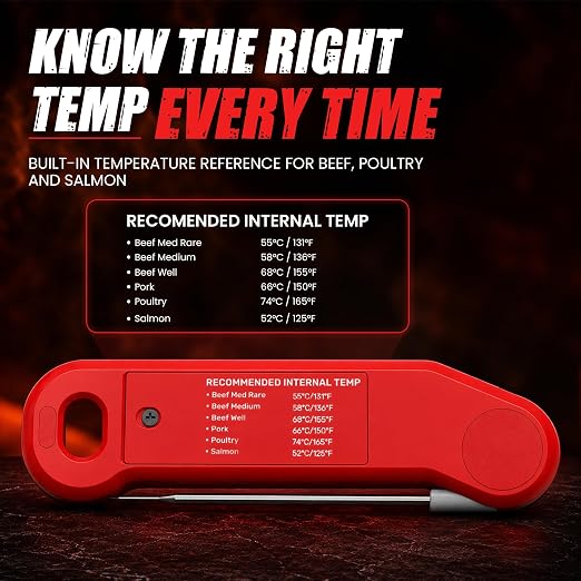 0.5 Sec Instant Read Meat Thermometer Digital Food Thermometer for Cooking Precise ±0.3℃, Magnet Store, Large Bright LED Display IP67 Waterproof BBQ Thermometer for Grill, Oven & Kitchen (Red)