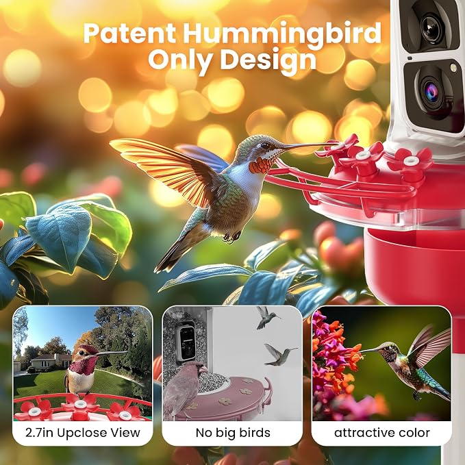Soliom Hummingbird Feeder with Camera, Smart Feeder Camera with 2K Live View AI Identify, Leak Proof&Ant Moat&Bee Proof, Outdoor Pole/Hook Hanging, Ideal Gift for Family, 16 OZ Red