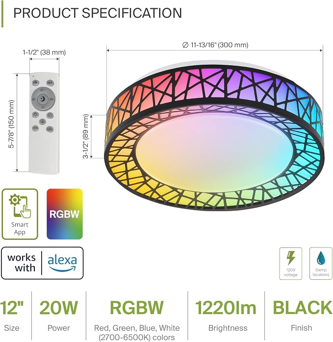ASD 12 Inch Smart RGBW Flush Mount Ceiling Light with Remote - Matte Black 20W 120V 2700-6500K Dimmable Ceiling Light Fixture, WiFi App Control RGB Lights, Alexa & Google Assistant - ETL