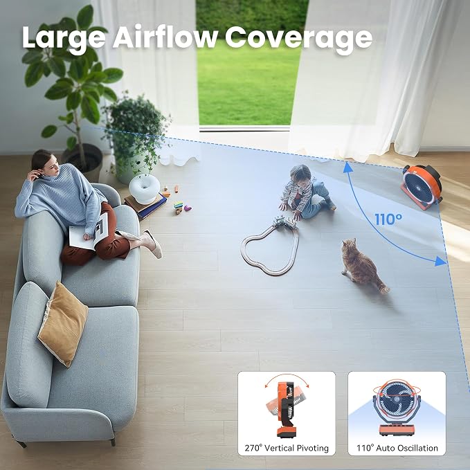 Camping Fan with Light - 20000mAh Rechargeable Battery Fan, 110Hrs Run Time, 4 Speeds, 8H Timers, 110° Auto Oscillation & 270° Pivot Tent Fan with Hook for Camping Power Outage, Hurricane(no adapter)