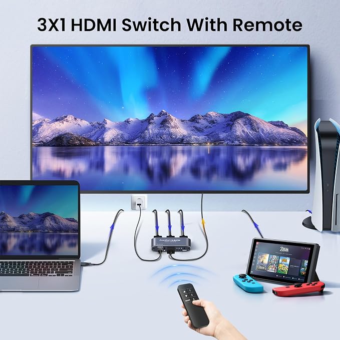 avedio links HDMI Switch 3 in 1 Out with Remote, 4K@60Hz HDMI 2.0 Switcher Box, 3 Port HDMI Selector Support 18Gbps, HDR10+, VRR, Dolby, HDCP 2.2, Compatible with PS5/PS4 Xbox Fire Stick TV Projector