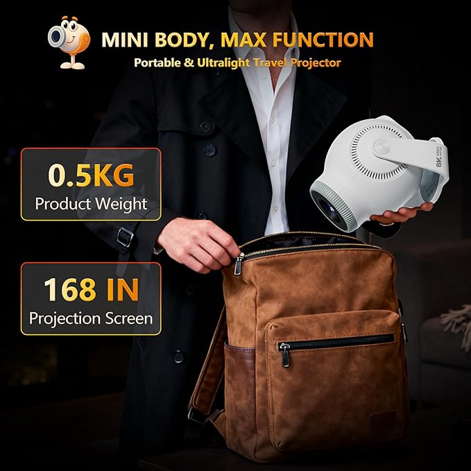 【8K Video Decode / Android 14.0】Mini Smart Projector with WiFi 6 and Bluetooth 5.4, 450 ANSI Support 4K 1080P, Portable Outdoor Movie Projectors, Auto Keystone Correction, 270° Rotatable Proyector