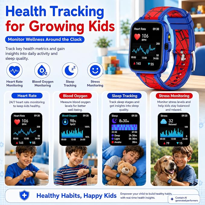 Smart Watch for Kids Boys Age 5-12, Ai Functions Games HD Touch Screen Watches with Video Camera Music Player Pedometer Heart Rate Sleep Tracker Christmas Birthday Gifts for Boys (Blue and Red, 1.85")