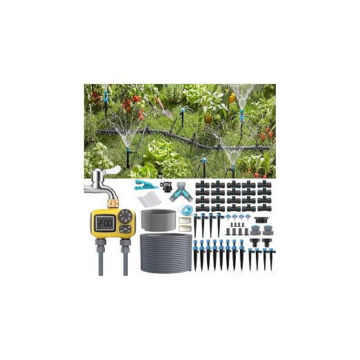150FT Drip Irrigation System Kit with 2 Zone Water Timer for Garden,High-Flow Mainline Automatic Watering System,16PCS Adjustable Nozzles,Fast-Plug Tube for Agricultural Yard,Lawn,Greenhouse