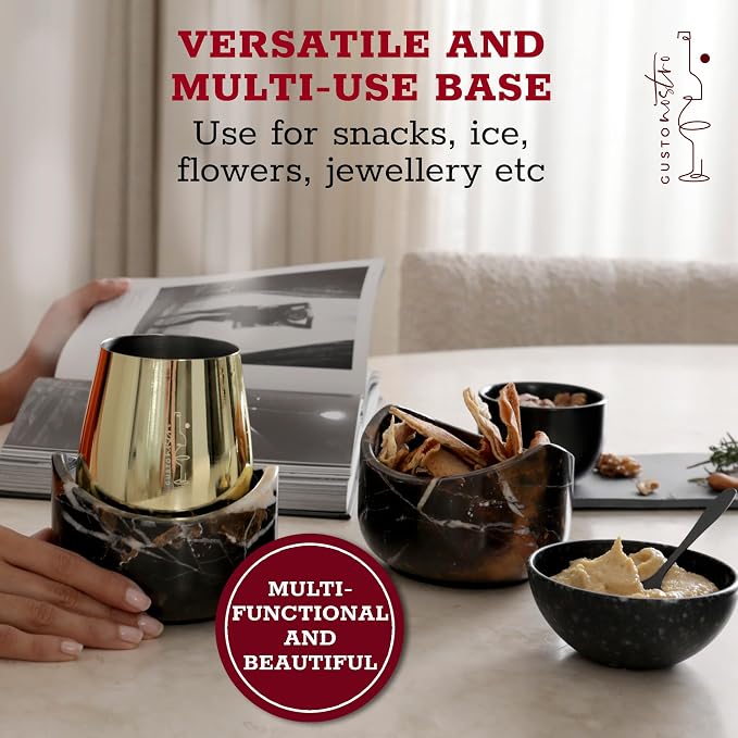 Gusto Nostro Marble Wine Chiller for Glass & Stainless Steel Tumbler Set of 2 - Wine Glass Chiller Holder for Freezer - Cool Set of Chillers & Stemless Wine Metal Tumblers for Home, Bar (Black & Gold)