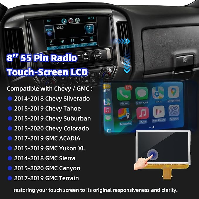 DJ080PA-01A 8" 55 Pin LCD Monitor Touch Screen Navigation Radio Compatible with Chevy Silverado Suburban Tahoe & GMC Yukon Sierra 2015-2018 Digitizer Replacement