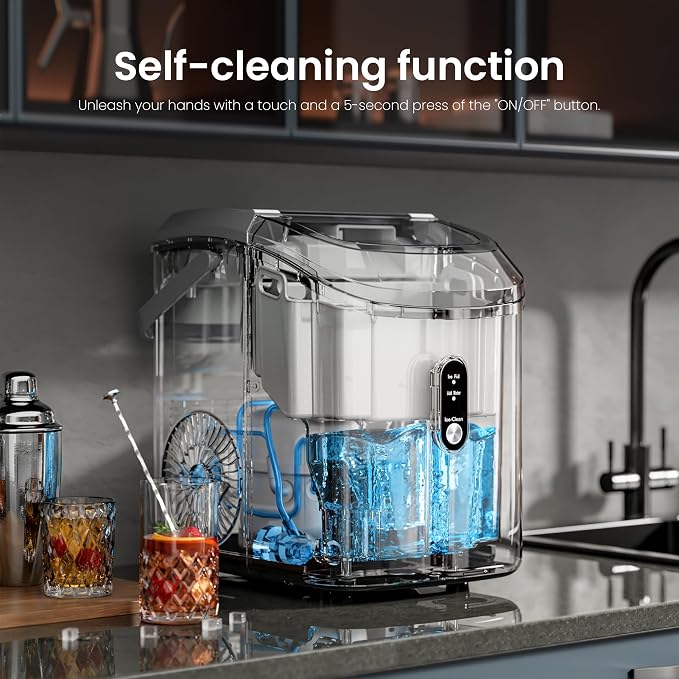 Kismile Nugget Ice Makers Countertop,35Lbs/24H,Portable Ice Machine with Crushed Ice,Self-Cleaning Function,One-Click Operation for Home/Office(Grey)