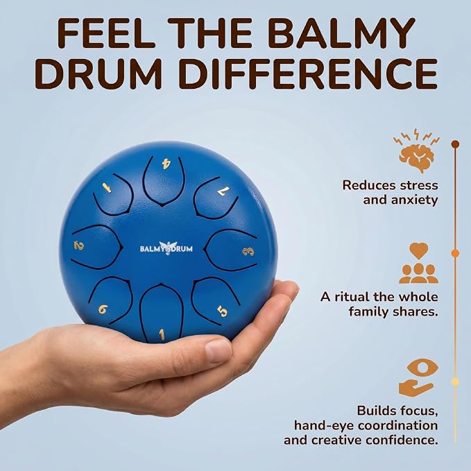 Balmy Drum Steel Tongue Drum 6 inch 8 Notes 440Hz, Handpan Drum with Music Book, Mallets, Carry Bag, Finger Picks, Rain Drum for Outdoor, Meditation Yoga Calming Instruments for Adults Kids (Blue)