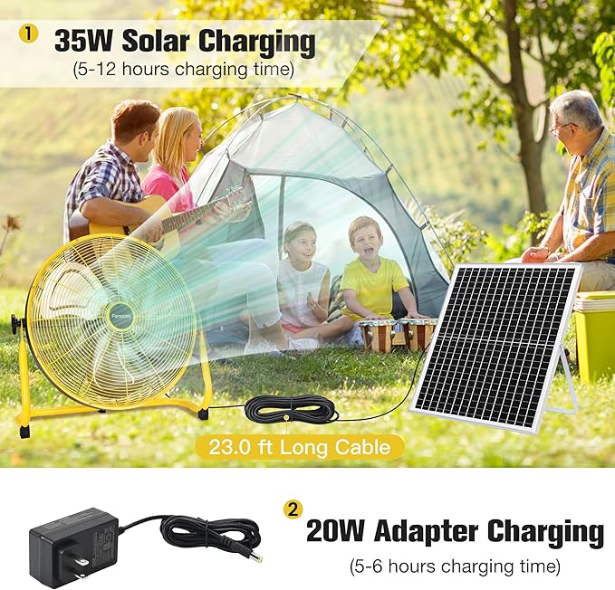 Fanspex 20" Solar Rechargeable Floor Fan for Outdoor, 30000 mAh Battery Operated Fan with 35W Solar Panel Powered for Patio Gazebo Camping, 360° Tilt (21.2 ft/s Airflow)
