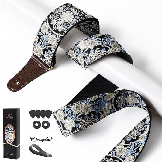 Guitar Strap, Electric& Acoustic Bass Guitar Straps,Embroidered Filament with Head Cowhide Leather Strap, with Free Strap Button,2 Guitar Strap Locks，4Guitar Pick (Blue floral print)