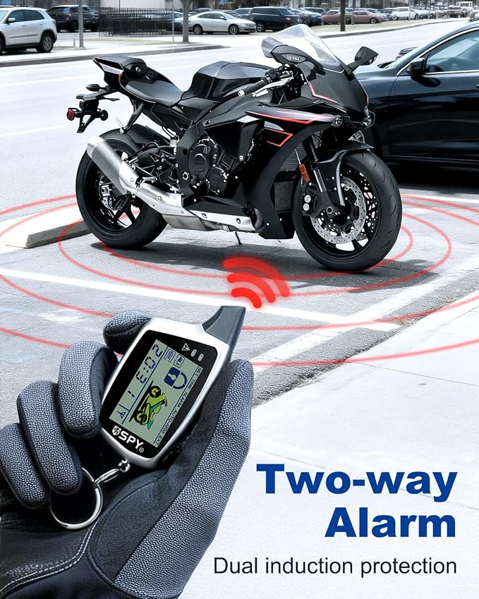 Motorcycle Alarm with 2-Way LCD Remote & Engine Cut Off - 12V DC Anti-Theft Security System, 115dB Siren, Waterproof Sensor, Remote Start for Motorcycle, Scooter, ATV