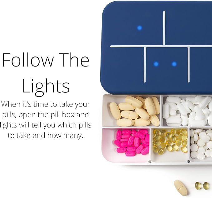 Monthly Pill Organizer by Ellie | Organize Pills in Seconds | Alarm & Phone Notification | Caregiver Notifications | Lights Indicate Which Pills to Take and How Many