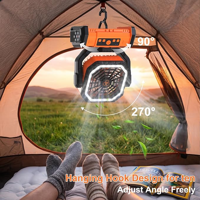 Portable Rechargeable Fan 20000mAh,Cordless Battery Powered Camping Fan with LED Light& Remote,4 Speeds Wind,USB, Timer,Oscillating for Travel Tent,Rv Camping Essentials (Orange)