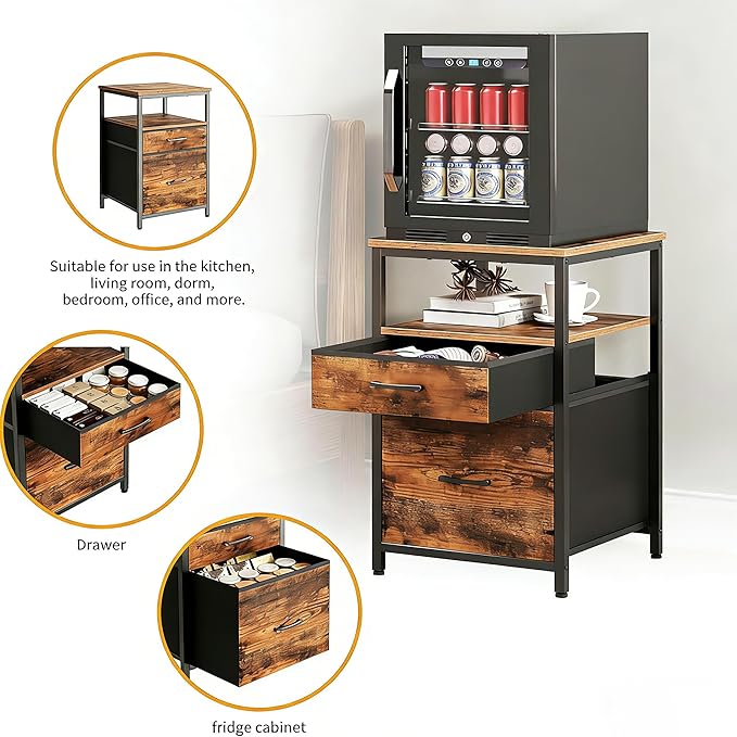 Herture Mini Fridge Stand with 3 Storage, Mini Fridge Cabinet, Beverage Fridge Table, Heavy Duty 18.11" L* 18.11" W Tabletop, for Dorm, Apartment,Office, Bedroom Rustic Brown HB03BXN