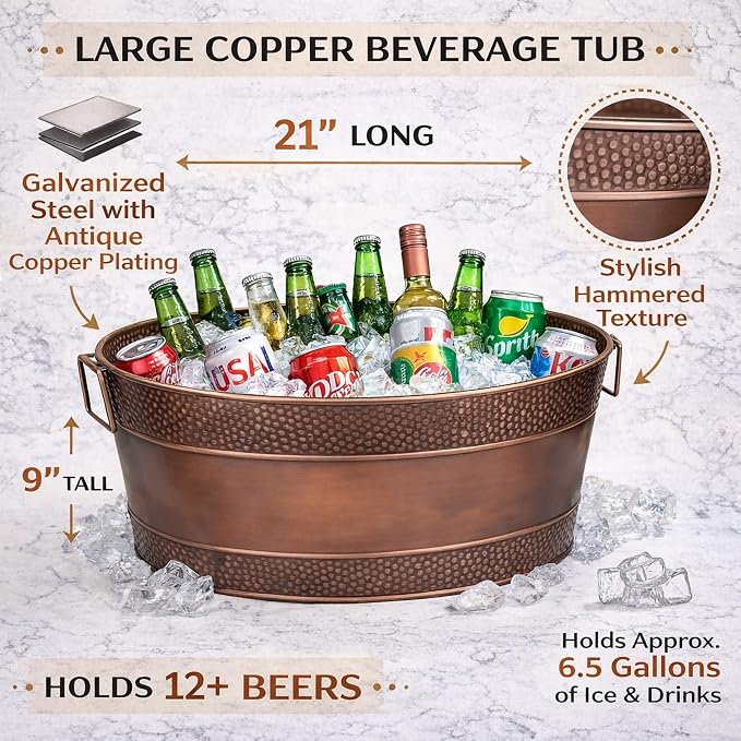 BREKX Aspen Galvanized Tub, Copper Finish Metal Ice and Drink Cooler for Parties, Sealed Leak Resistant Party Cooler, Easy to Clean, Handcrafted, Large Oval 25-Quart (6 Gallon), 30 Bottle Bucket