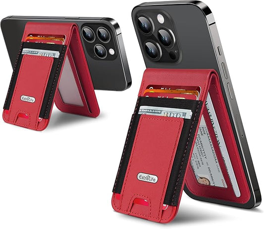 For Magsafe Wallet Stand, Strongest Magnetic Wallet for iPhone 17/16/15/14/13/12 Series, Magnetic Card Holder with Adjustable Stand, ID Window, 10 Cards Holder, Vegan Leather, RFID Blocking, Red