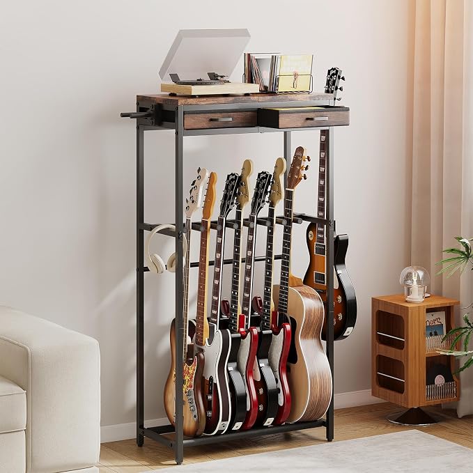 ELYKEN Guitar Stand, Guitar Rack with 2 Hangers and Storage Drawers for Guitar Accessories, Multiple Guitar Holder for Acoustic Electric Guitar, Bass, Instrument, Music Studio, Rustic Brown