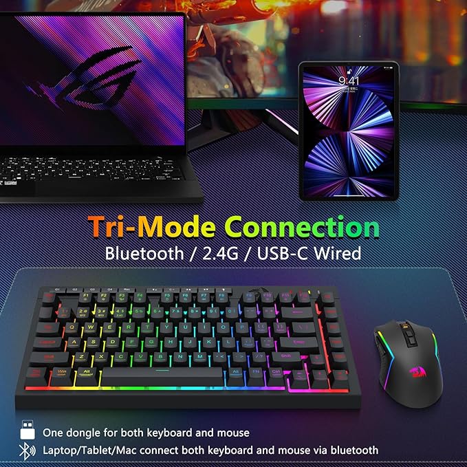 Redragon Wireless Gaming Keyboard and Mouse Combo, Bluetooth/2.4G/USB-C Wired, RGB Backlit, 75% Portable Quiet Rechargeable Macro Membrane Keyboard & 12800 DPI Mouse with Software for Win/MAC