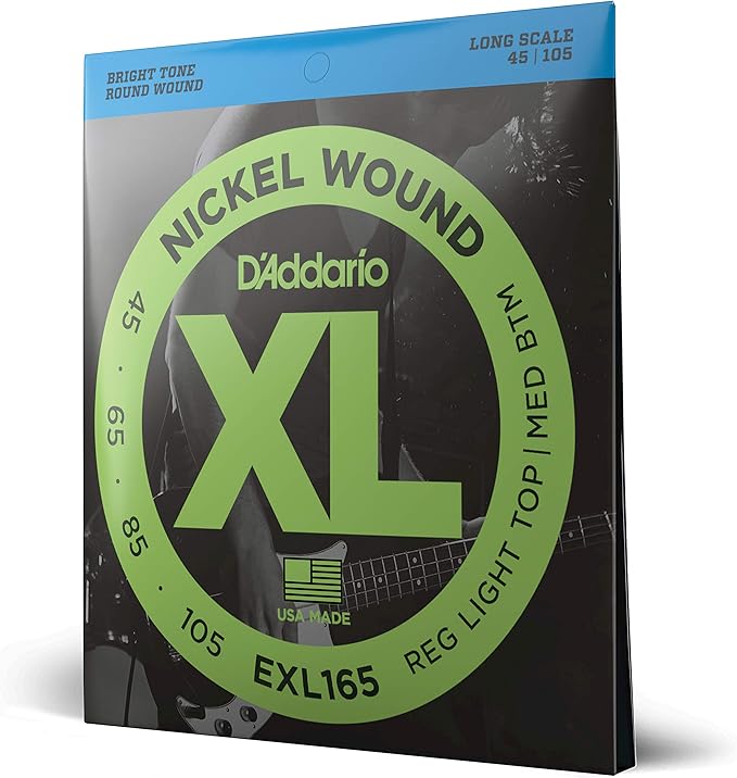 D'Addario Electric Bass Guitar Strings, XL Nickel, EXL165, Regular Light Top/Medium Bottom Gauge 45-105, Long Scale, 4-String Set, Pack of 1