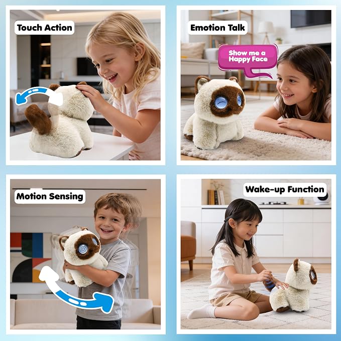 Contixo AI Pixie-Paw Smart Interactive Plush Cat – Voice-Responsive, Touch-Activated, Expressive Eyes, AI Companion Stuffed Animal for Kids & Pet Lovers, Brown