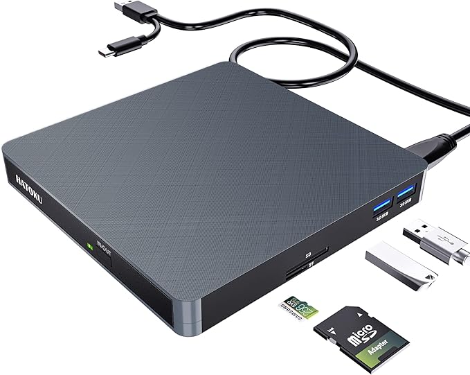 HATOKU External CD/DVD Drive for Laptop (USB 3.0 & USB-C): 8X DVD/24X CD Burner - Portable DVD Player for Laptop - Plug & Play External CD Drive for PC Desktop Windows 11 10 8 7 MacOS Linux (Grey)