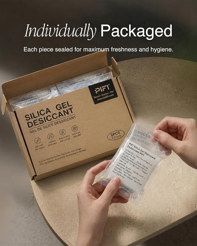 PiFi Automatic Pet Feeder Desiccant Refill Packs, 6 Replacement Moisture Absorber Bags for Cat & Dog Feeder Food Hopper, Food-Safe Non-Toxic Silica Gel Accessory, Up to 6 Months
