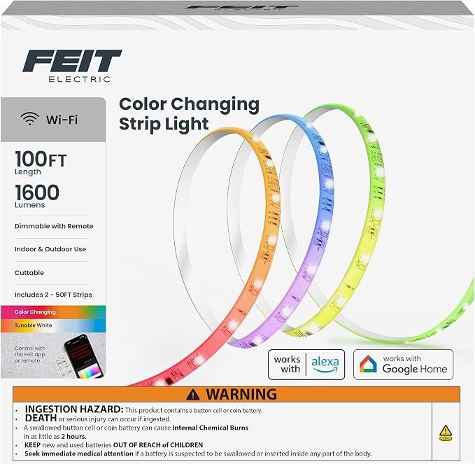 Feit Electric Smart LED Strip Light, 100 Ft, Color-Changing RGB + Tunable White, 2.4GHz Wi-Fi App & Remote Control, Alexa & Google Home Compatible, Flexible Light Strip, TAPE100/RGBW/AG