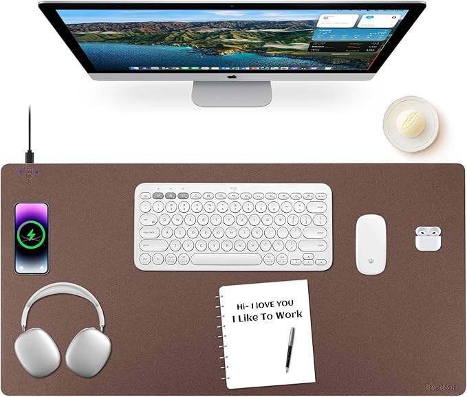 Wireless Charging Mouse Pad Firelison 2 in 1 Leather Multifunctional Office Desk Pad with Non-Slip Rubber Base, Waterproof Desk pad for Computers/Office/Work/Home/Decor（ 32" x 16"Brown - L）