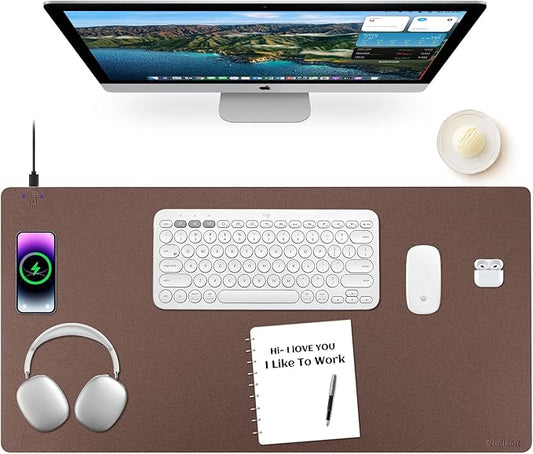 Wireless Charging Mouse Pad Firelison 2 in 1 Leather Multifunctional Office Desk Pad with Non-Slip Rubber Base, Waterproof Desk pad for Computers/Office/Work/Home/Decor（ 32" x 16"Brown - L）