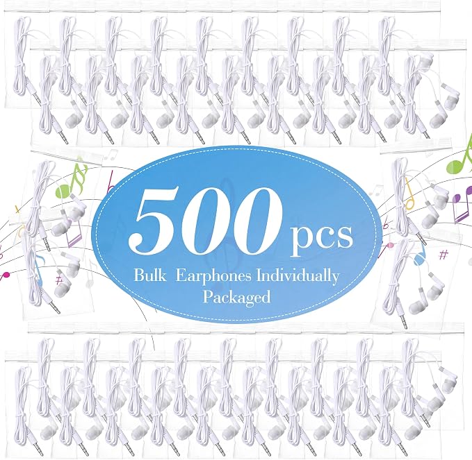 Konohan 100 Pcs Bulk Earbuds with Wire Basic Headphones in Ear for Libraries Laptop, No Microphone 3.5 mm Jack Earbuds Dot Headphones, Individually Bagged (White)