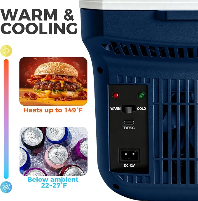 Iceblue Electric Cooler with Type-C, 8 Liter /11 Cans Mini Fridge with Belt, 9V Type-C Thermoelectric Dual-use Car Refrigerator, Car Fridge for Car, Dorm, Travel, Picnic, Gift - Blue