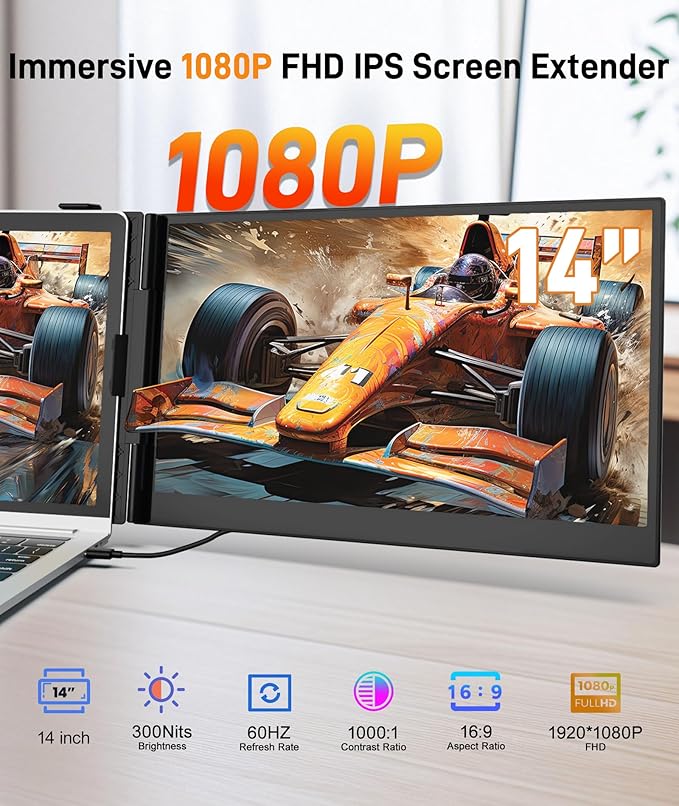 Laptop Screen Extender, Ultra-Thin 14" FHD 1080P IPS Portable Monitor for 13"-17" Laptop, 1.3lbs Lightweight Dual Monitor Extender, Plug & Play for Wins/Mac/Android/Chrome