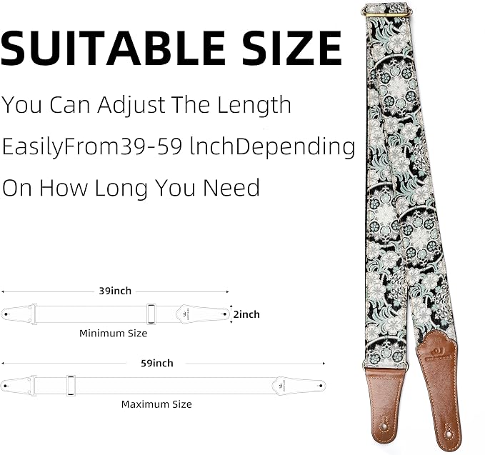 Guitar Strap, Electric& Acoustic bass Guitar Straps,Embroidered Filament with Head Cowhide Leather Strap, with Free Strap Button,2 Guitar Strap Locks，4Guitar Pick (Green Floral Print)