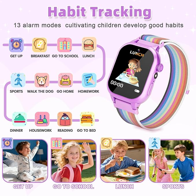 Smart Watch for Kids Girls Gifts for Aged 4-12, 40 Games HD TouchScreen Kids Watch with Video Camera Music Pedometer Audiostory Learn Card 2 Extra Bands Birthday Gift for 6 7 8 9 Year Olds（Purple）