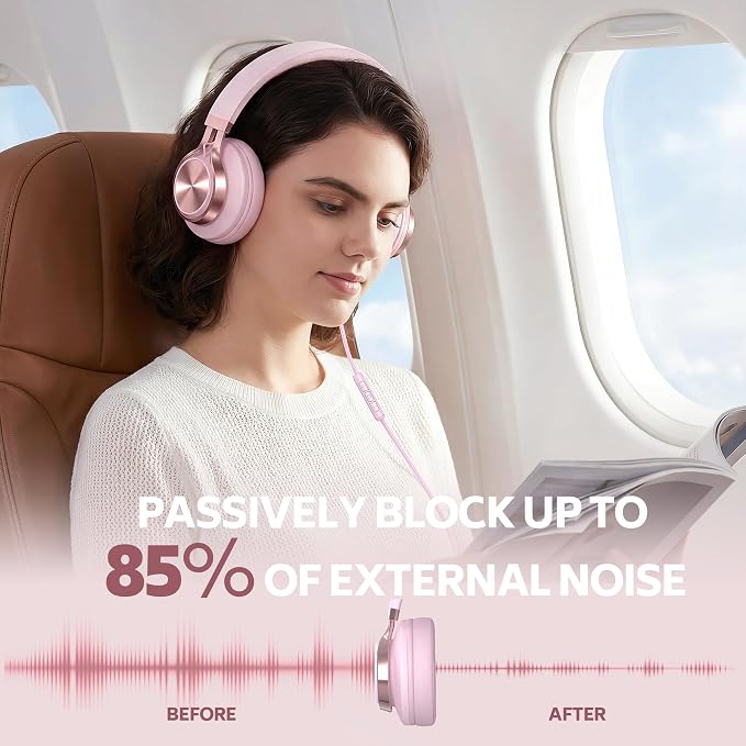 Wired Over-Ear Headphones with Microphone, Foldable Pink Headset with Passive Noise Isolating, Comfort Protein Leather Earcups for Teens, Women, Girls, 3.5mm Jack Laptop Headphones for Study, Work