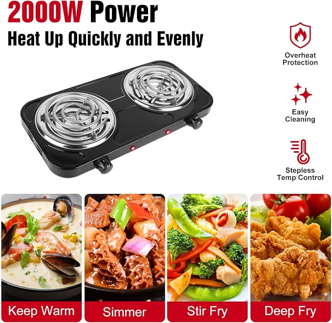 2000W Electric Hot Plate,Portable Electric Stove Countertop Double Coil Burners W/Dual Control&5 Level Temperature Control, Easy to Clean,Lightweight Cast Iron Countertop Stove for Home Camp RV 110V